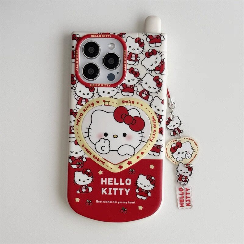 Kitty phone case with heart-shaped flip mirror