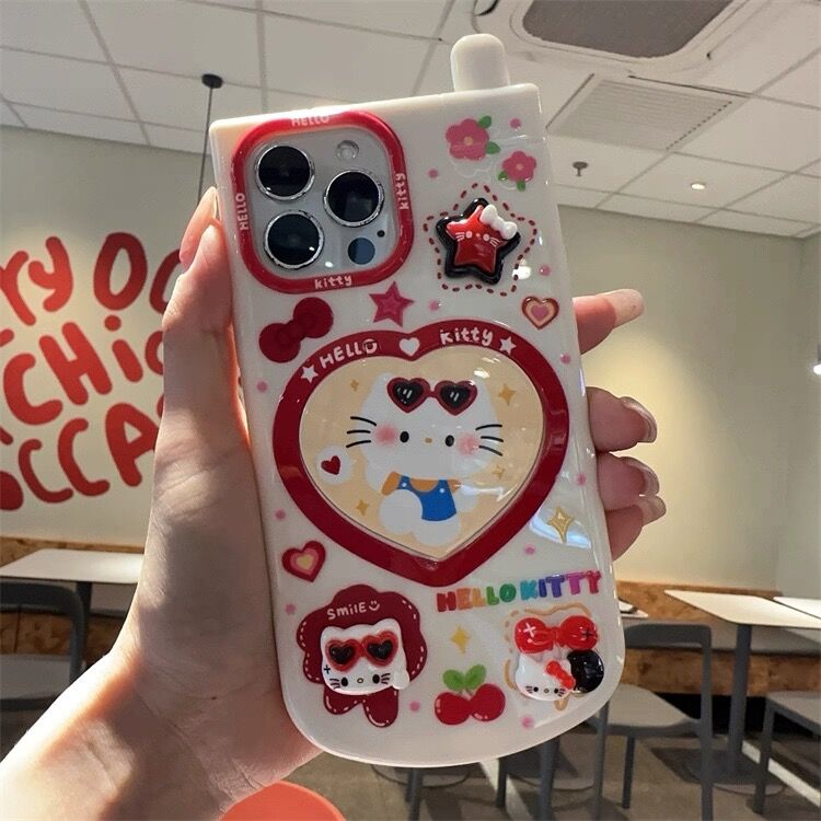 Kitty phone case with heart-shaped flip mirror