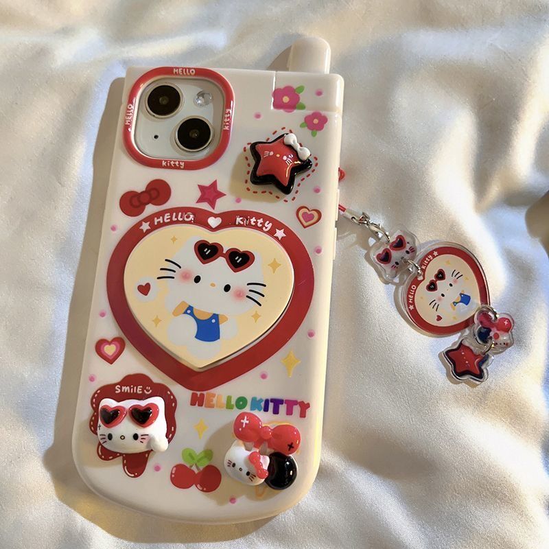 Kitty phone case with heart-shaped flip mirror