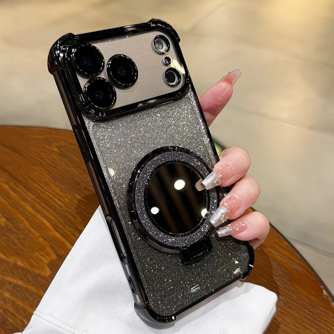 Capa de telemóvel brilhante com espelho portátil e suporte