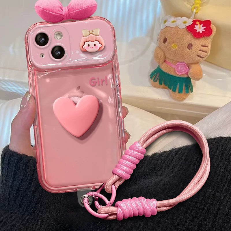 粉色蝴蝶结女孩便携式镜子手机壳