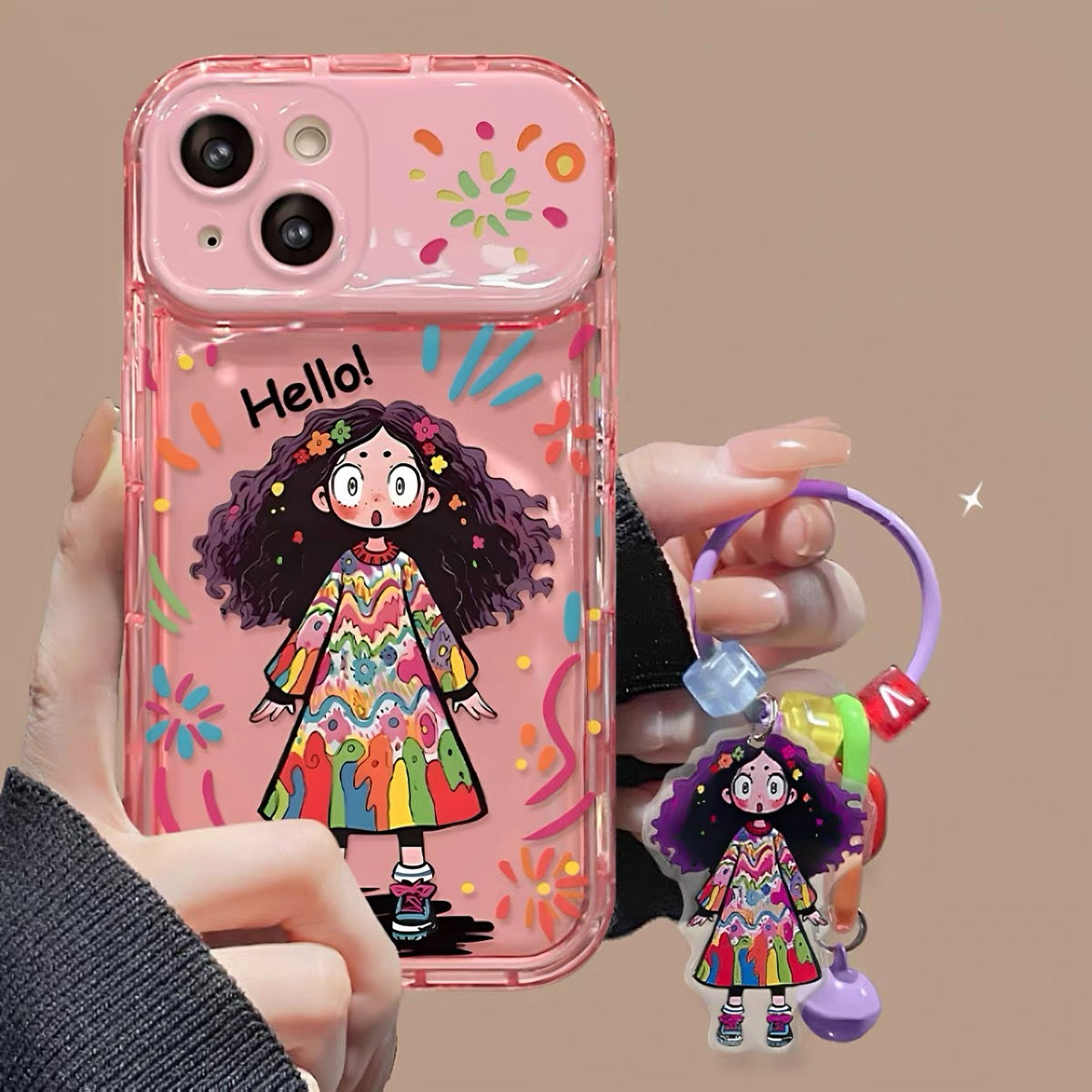 Colorful curly-haired girl portable mirror phone case