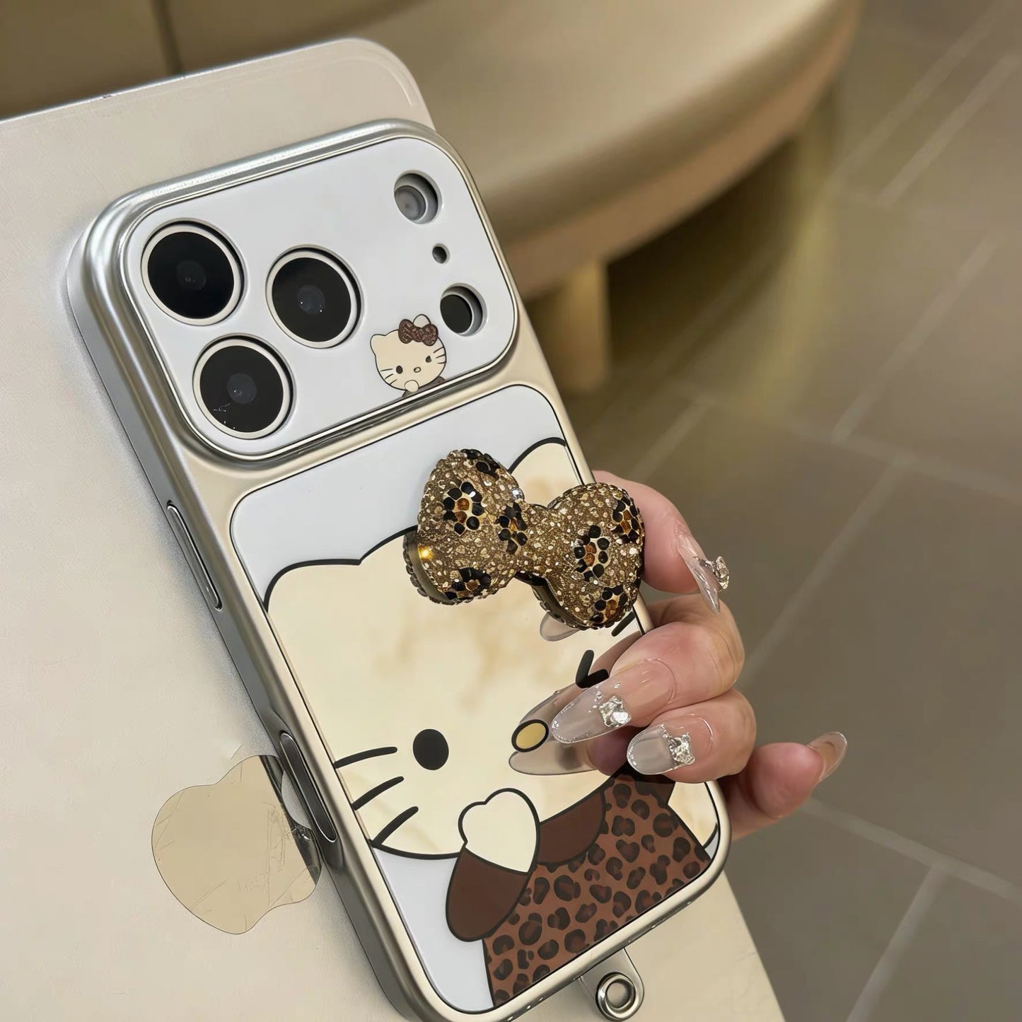 Leopard print 3D bow Kitty mirror phone case