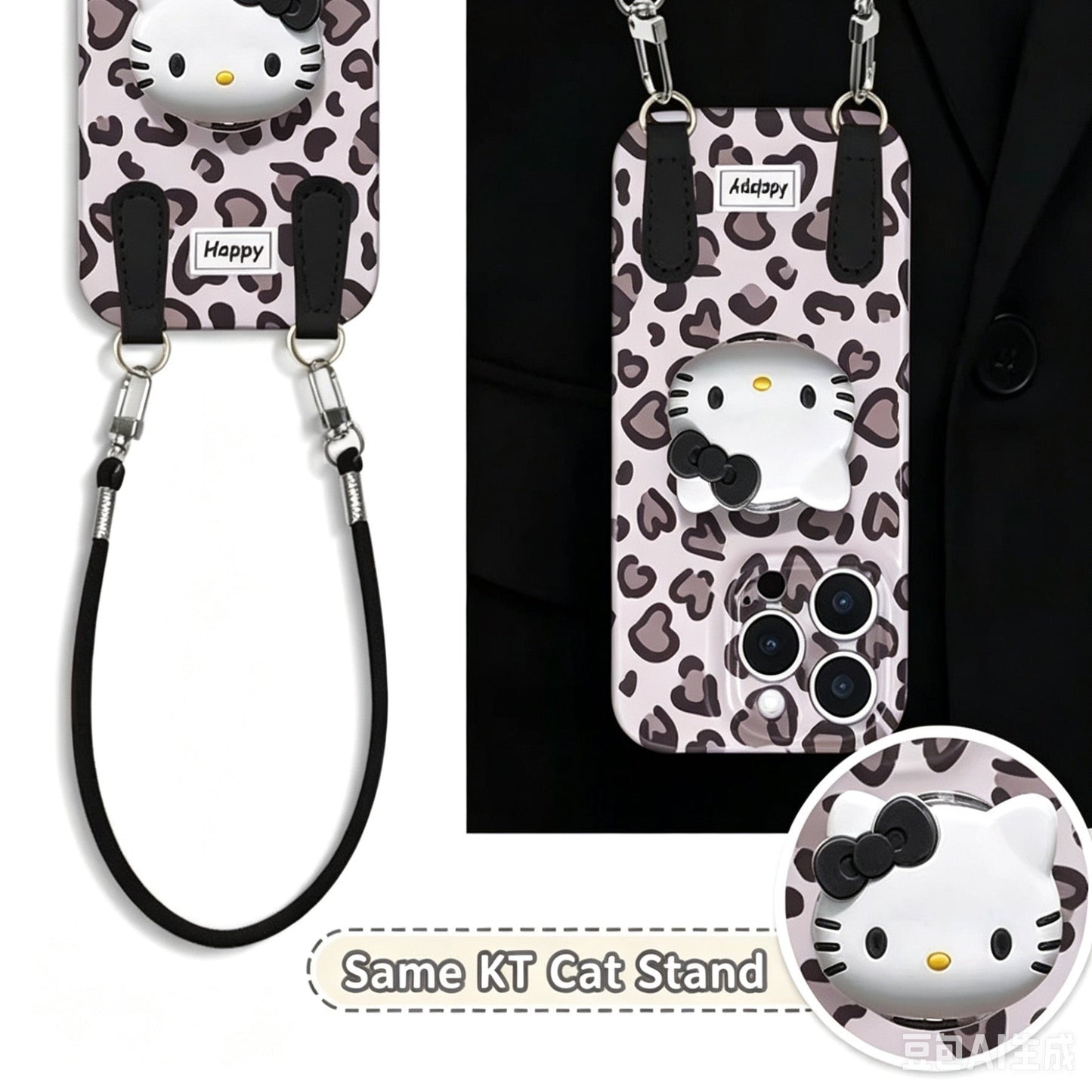 Leopard Print Hello Kitty Phone Case with Stand and Lanyard