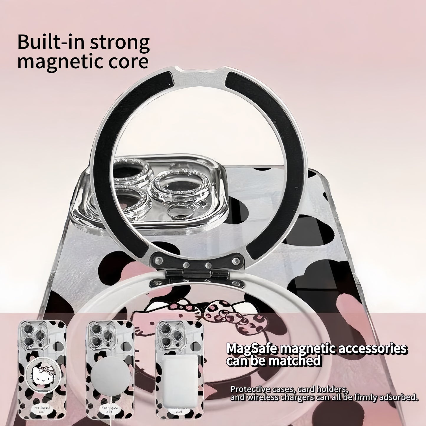 Silver pink leopard print magnetic stand kitty phone case