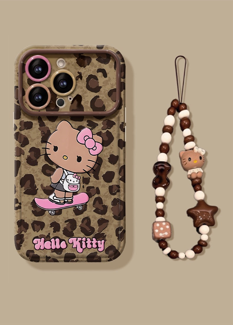 Pink leopard print Kitty flip mirror phone case