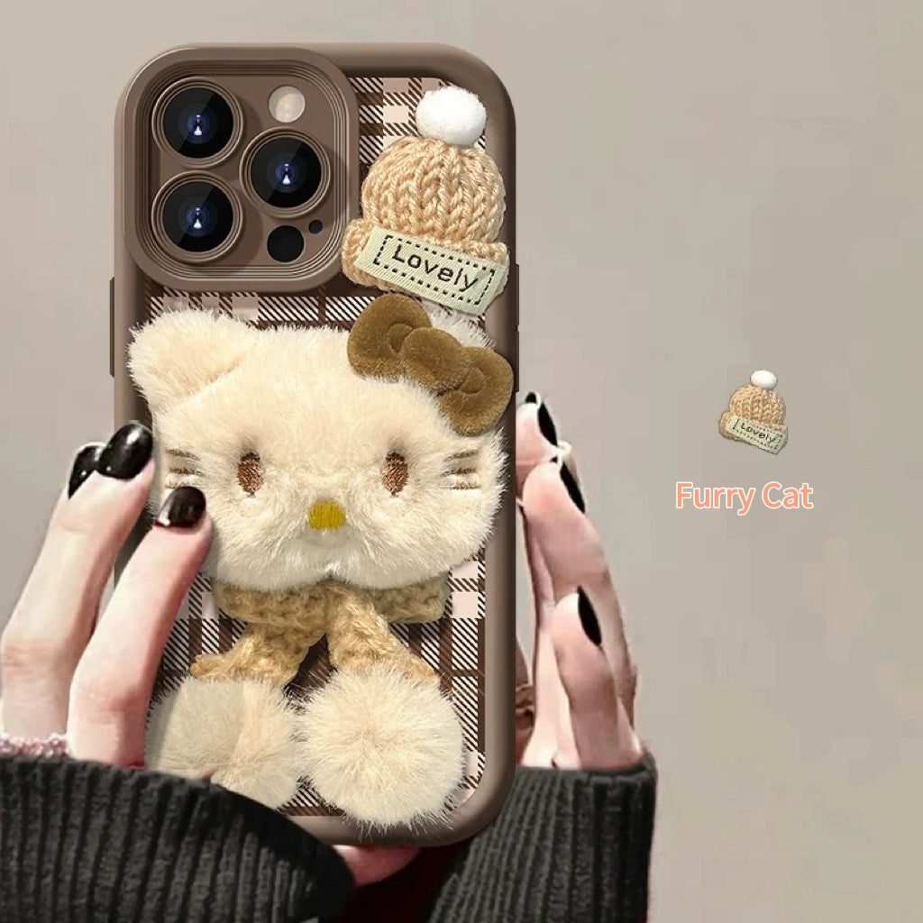 Christmas plaid plush kitty cat phone case
