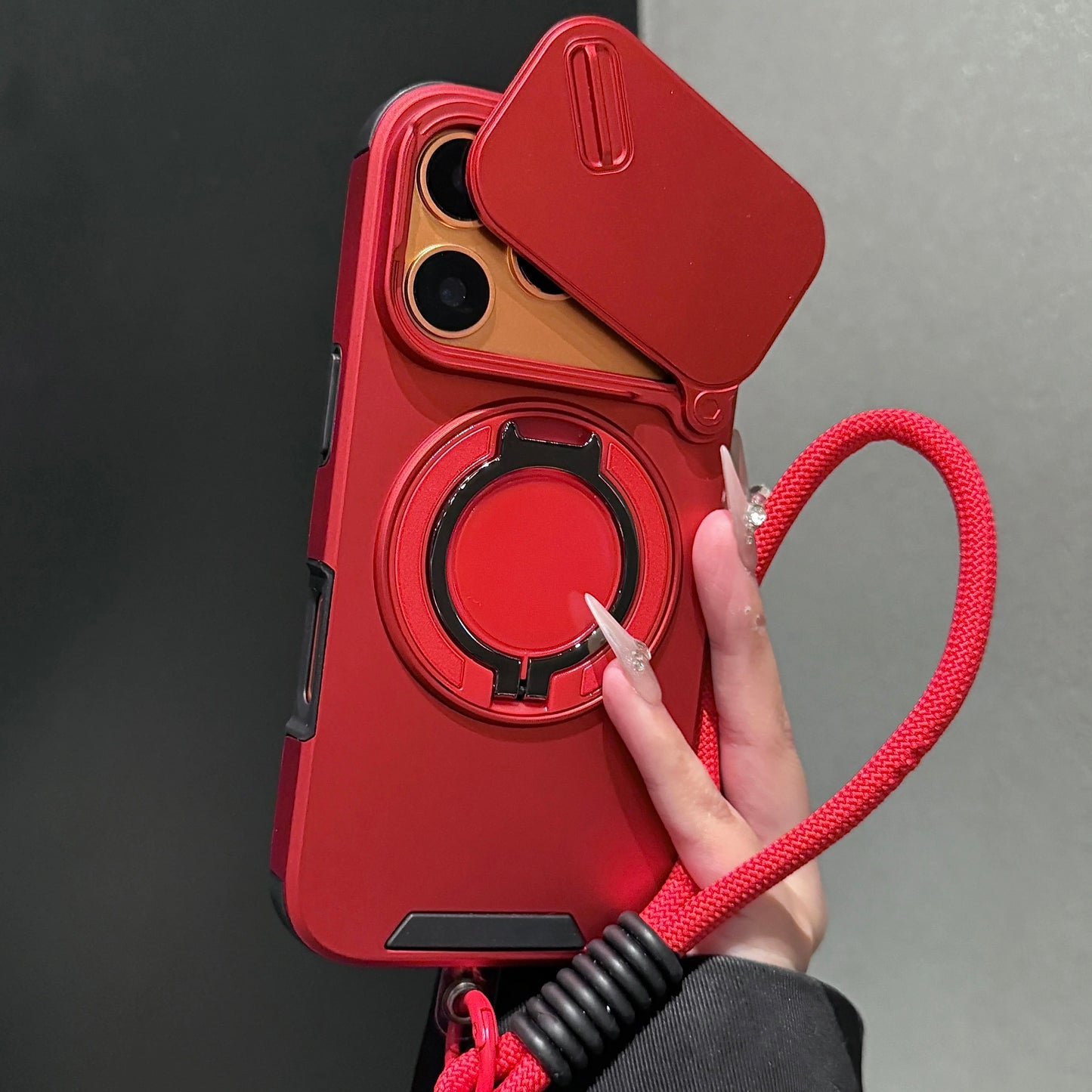 Slide-Cover, Rotating Magnetic Stand, and Lanyard Phone Case