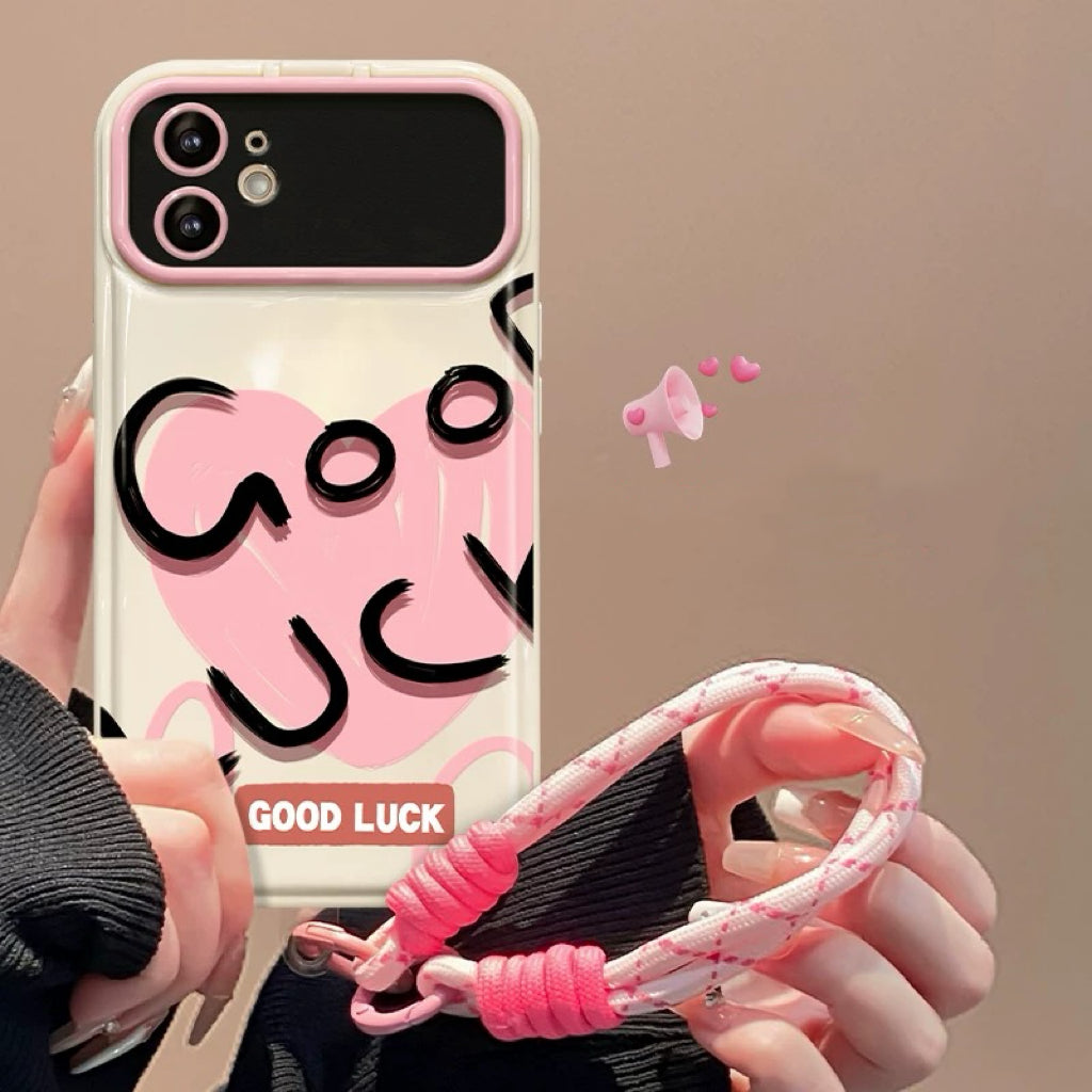 Pink heart-shaped lucky flip mirror phone case