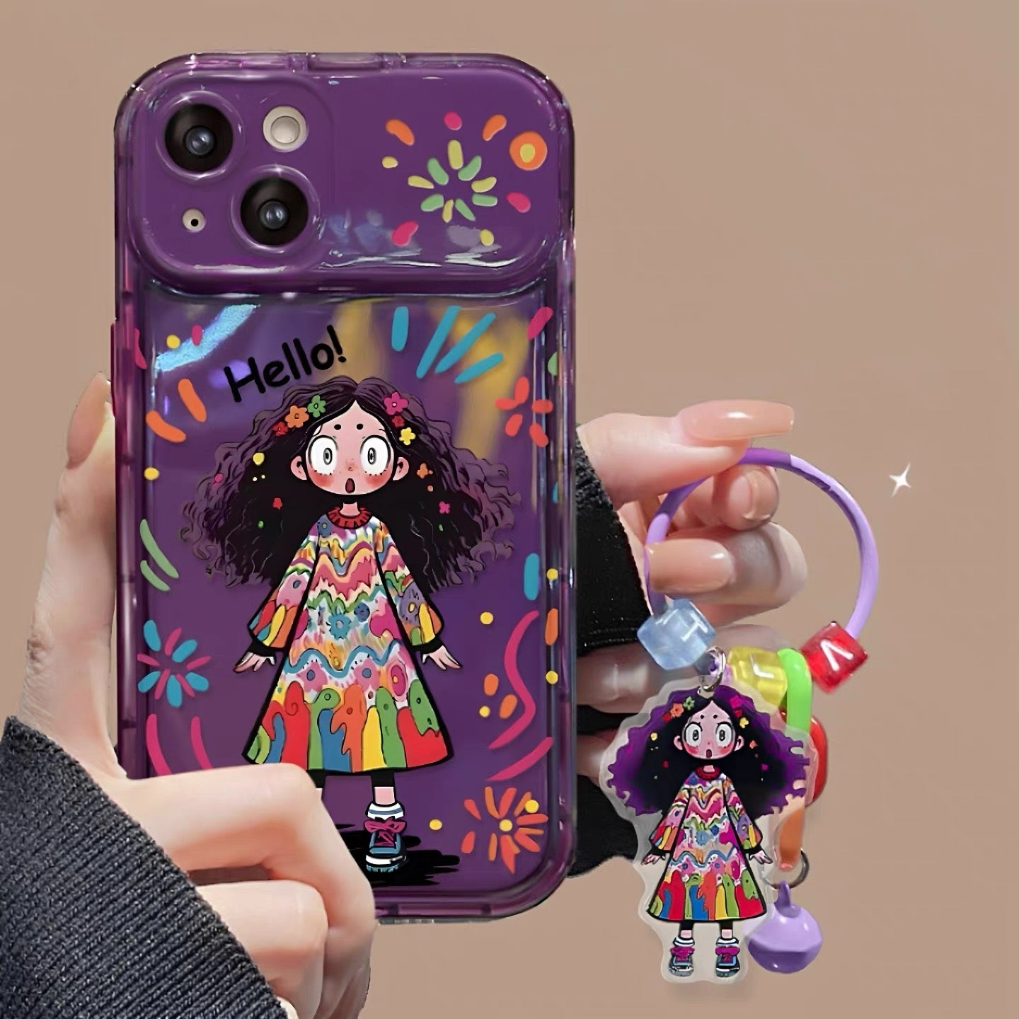 Colorful curly-haired girl portable mirror phone case