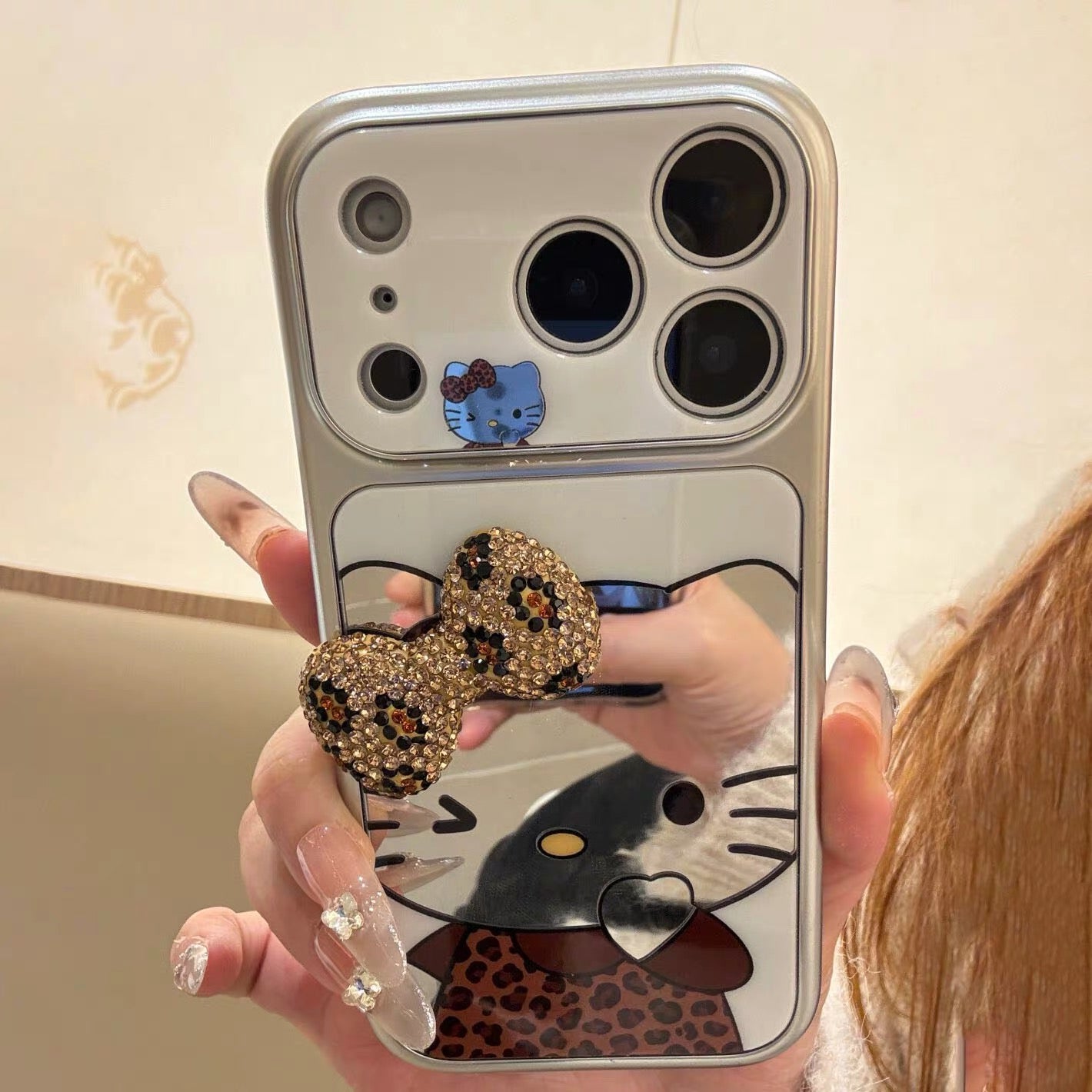 Leopard print 3D bow Kitty mirror phone case