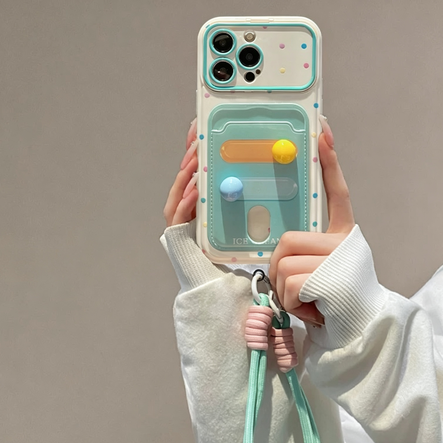 Fresh Polka-Dot Portable Mirror and Card Holder Phone Case