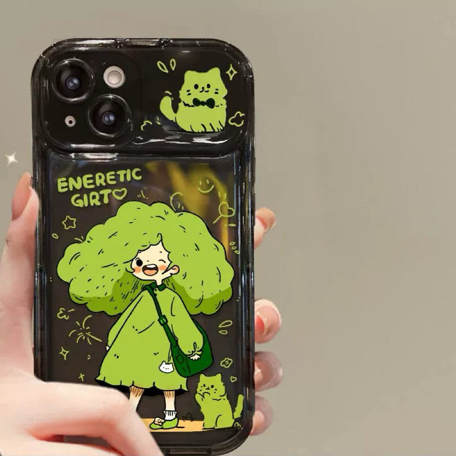 Green-haired little girl portable mirror phone case