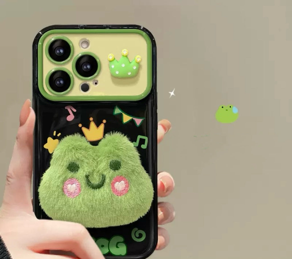 3D plush frog flip-cover phone case with mirror