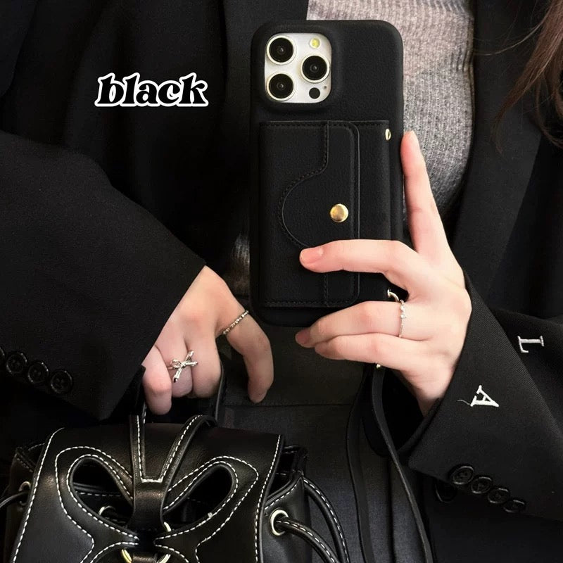 Lychee-Textured Phone Case with Mirror, Card Slot, and Wrist Strap