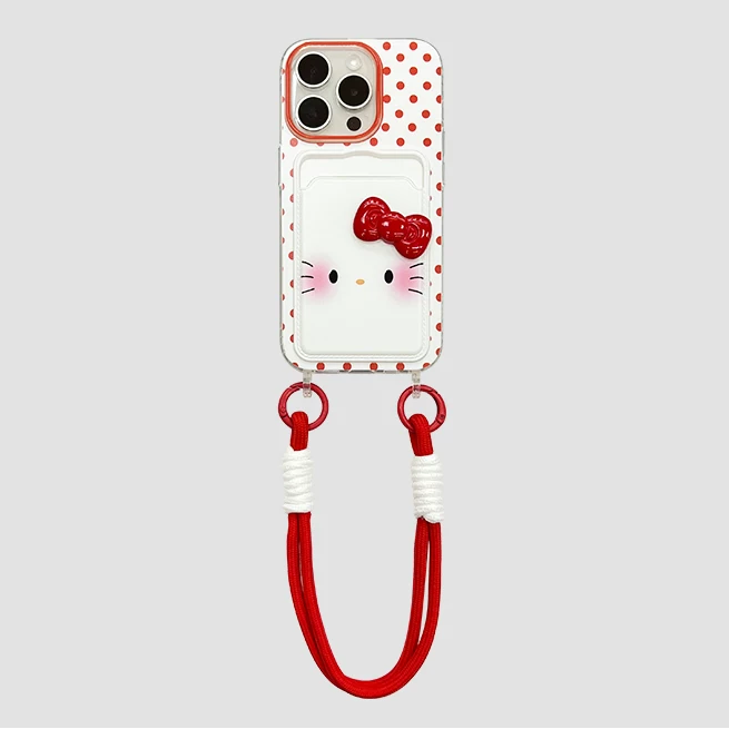 Cute red polka dot cat card holder phone case