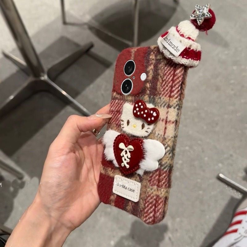Christmas red and brown plaid Kitty cat heart wings plush hat phone case