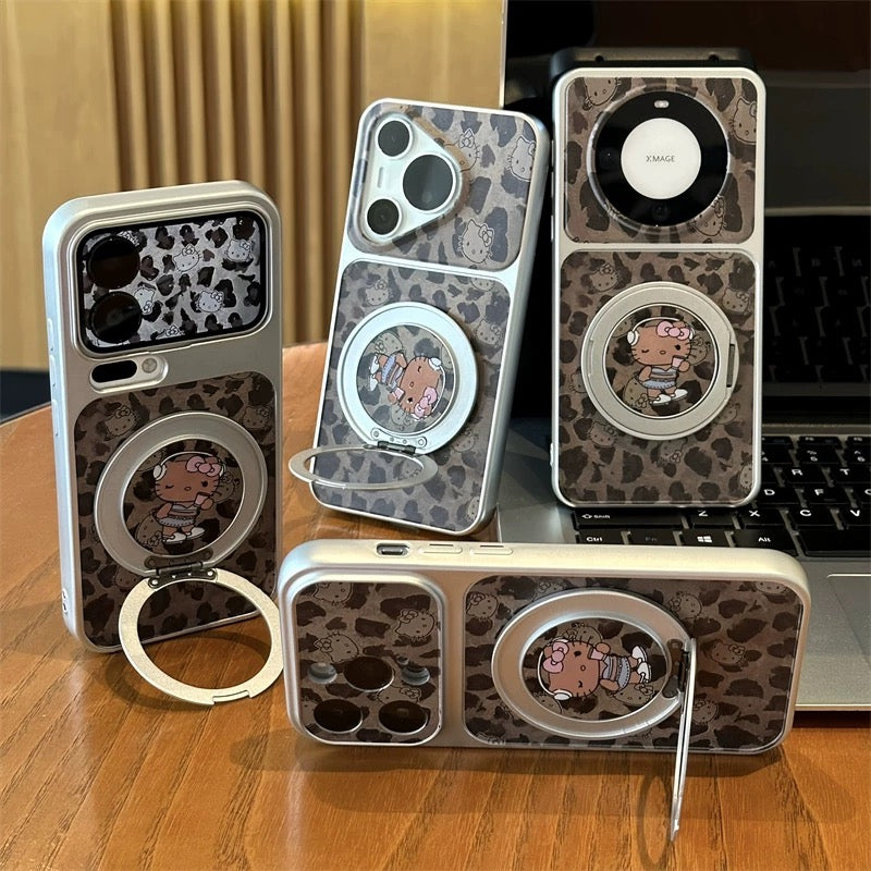 Leopard-Print Hello Kitty Phone Case with 360-Degree Rotating Stand