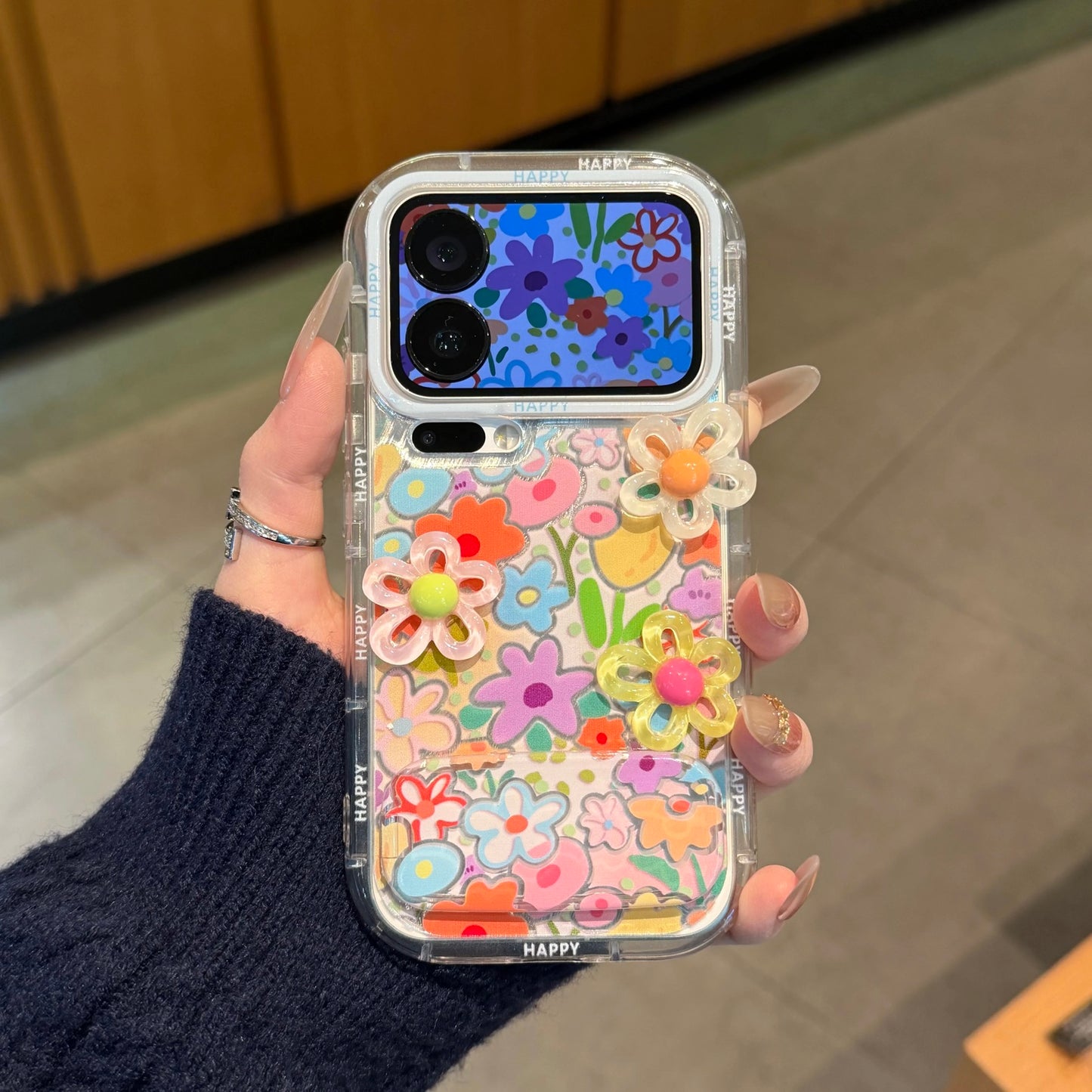 Étui de téléphone avec miroir floral pleine largeur et support