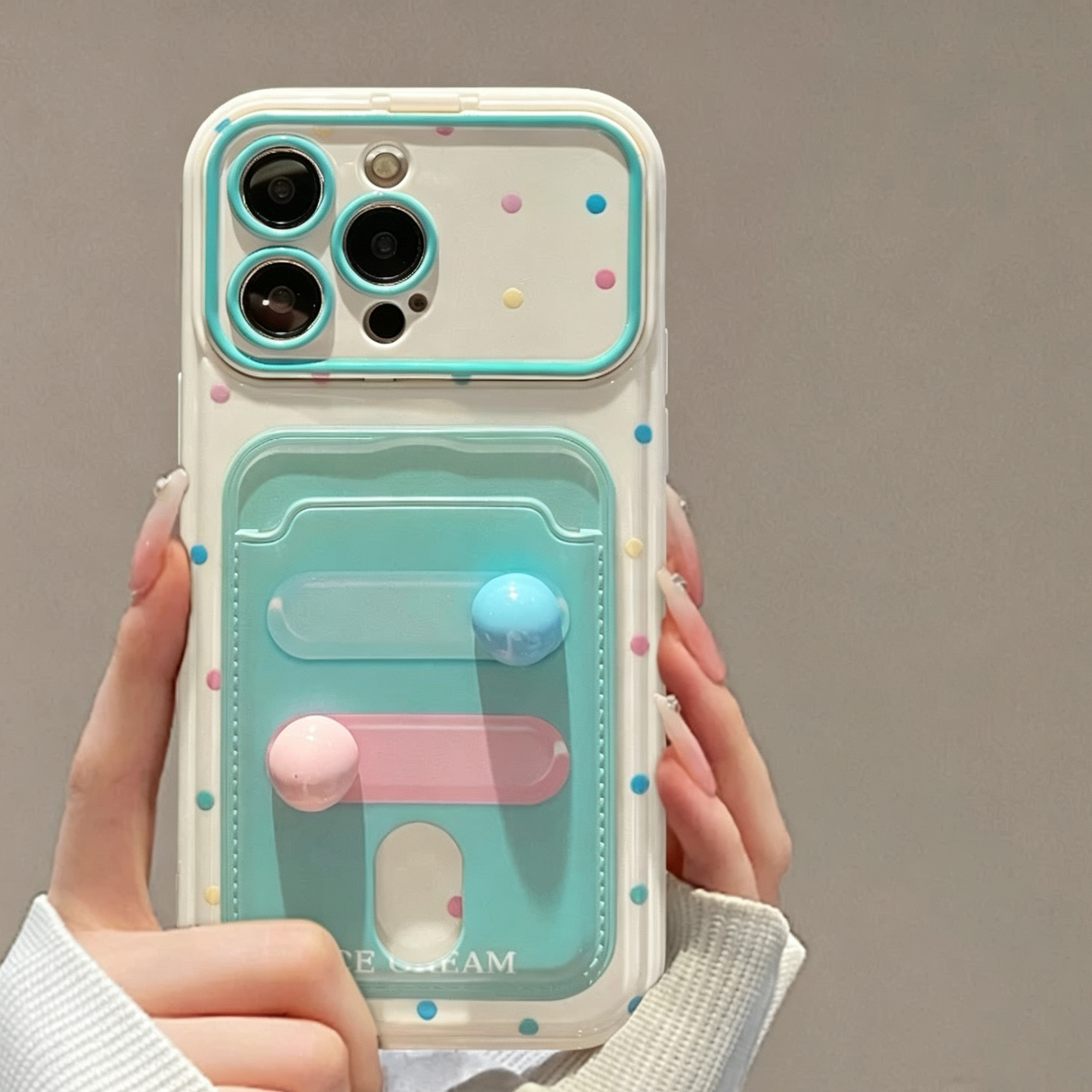 Fresh Polka-Dot Portable Mirror and Card Holder Phone Case