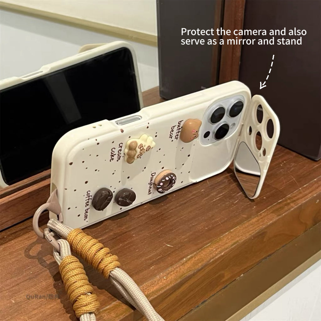 3D coffee and bear flip mirror phone case