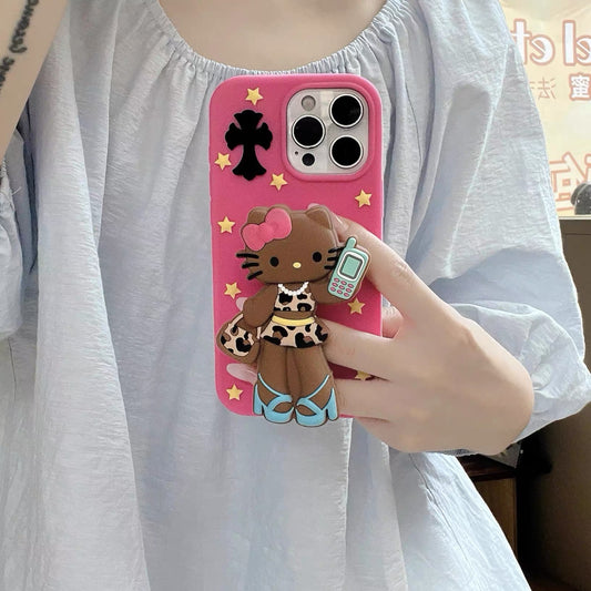 Long-Legged Leopard-Print Hello Kitty Phone Case with Stand