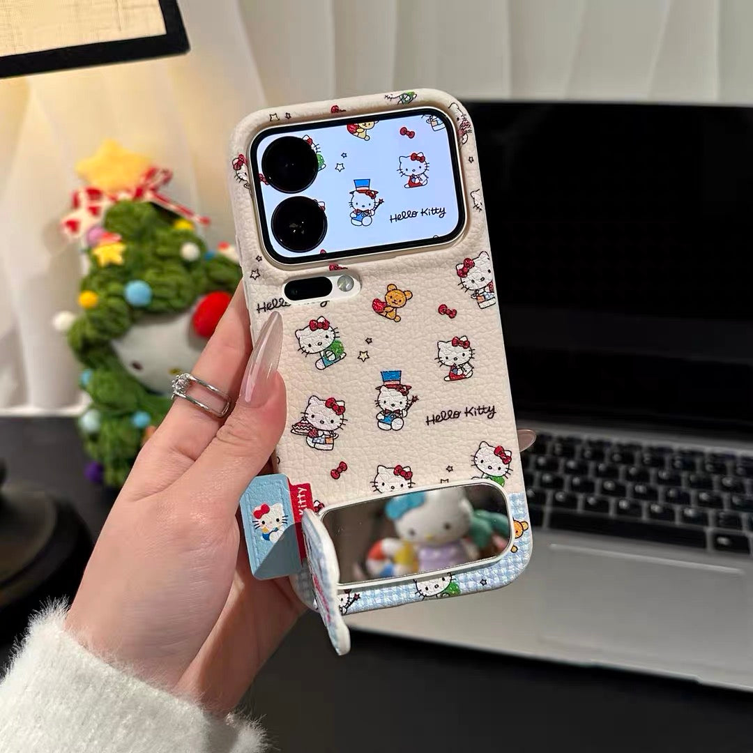 Blue and white checkered HT cat mirror stand phone case