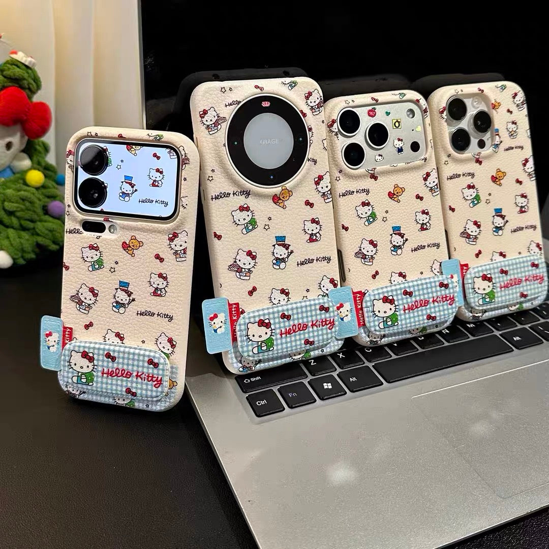 Blue and white checkered HT cat mirror stand phone case