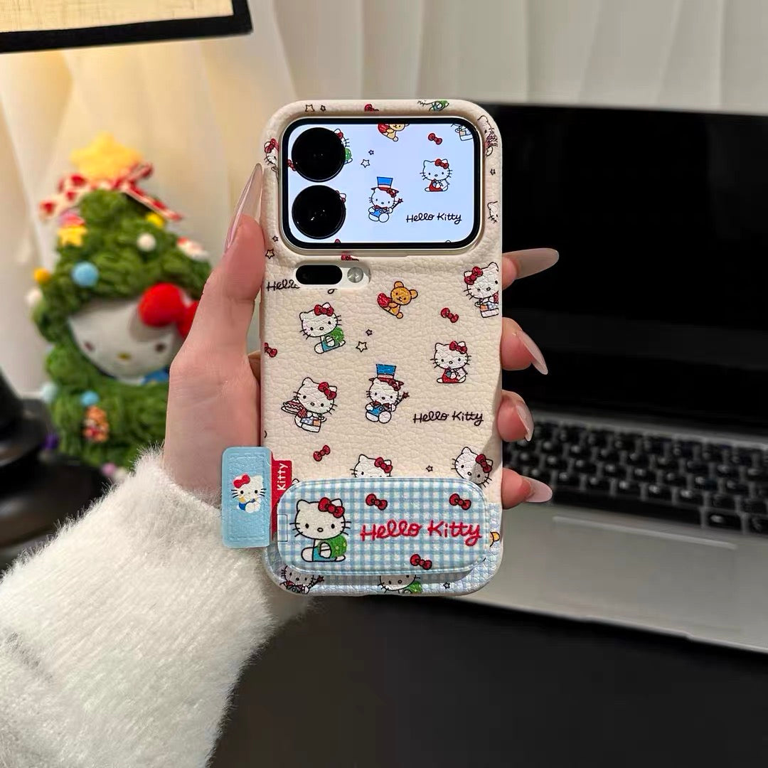 Blue and white checkered HT cat mirror stand phone case