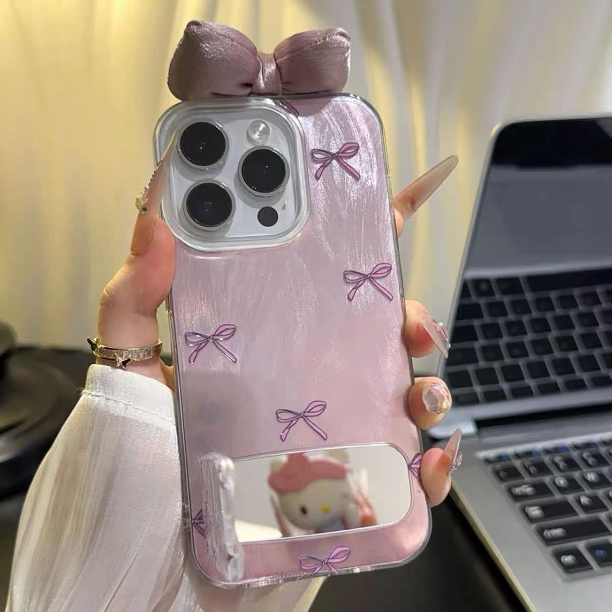 Pink bow mirror stand phone case
