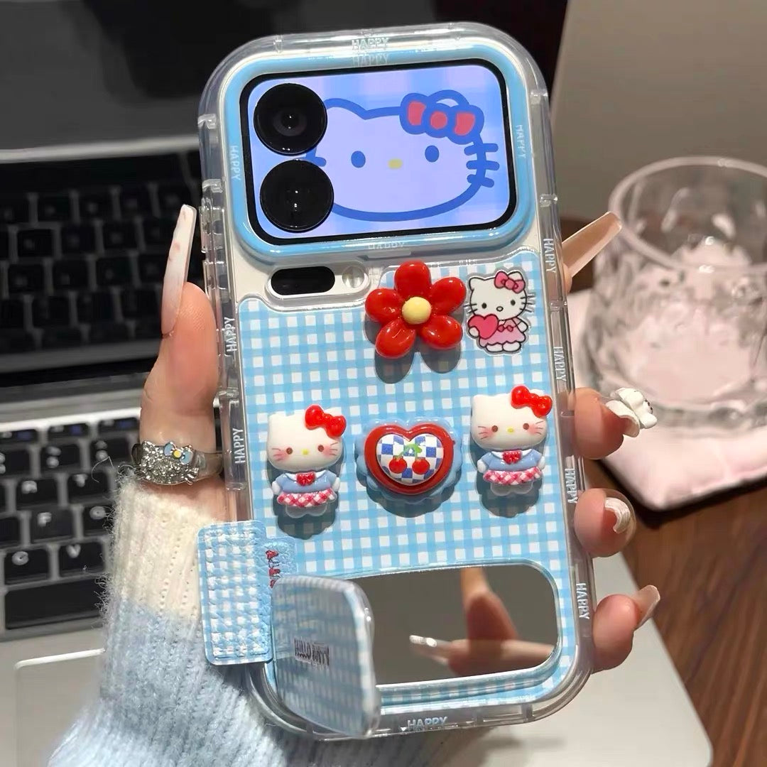 Étui de téléphone avec support miroir KT bleu mignon