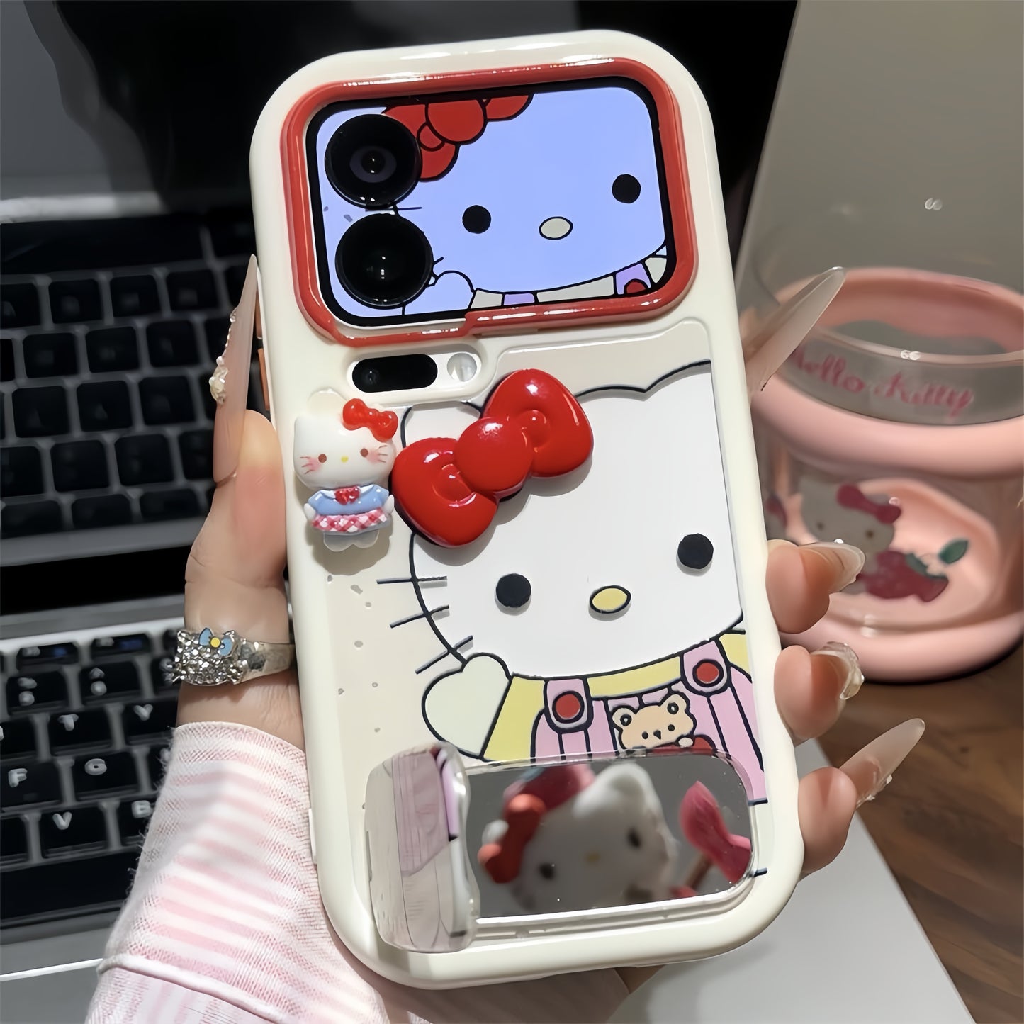 Étui de téléphone avec miroir et support en forme de chaton et nœud papillon