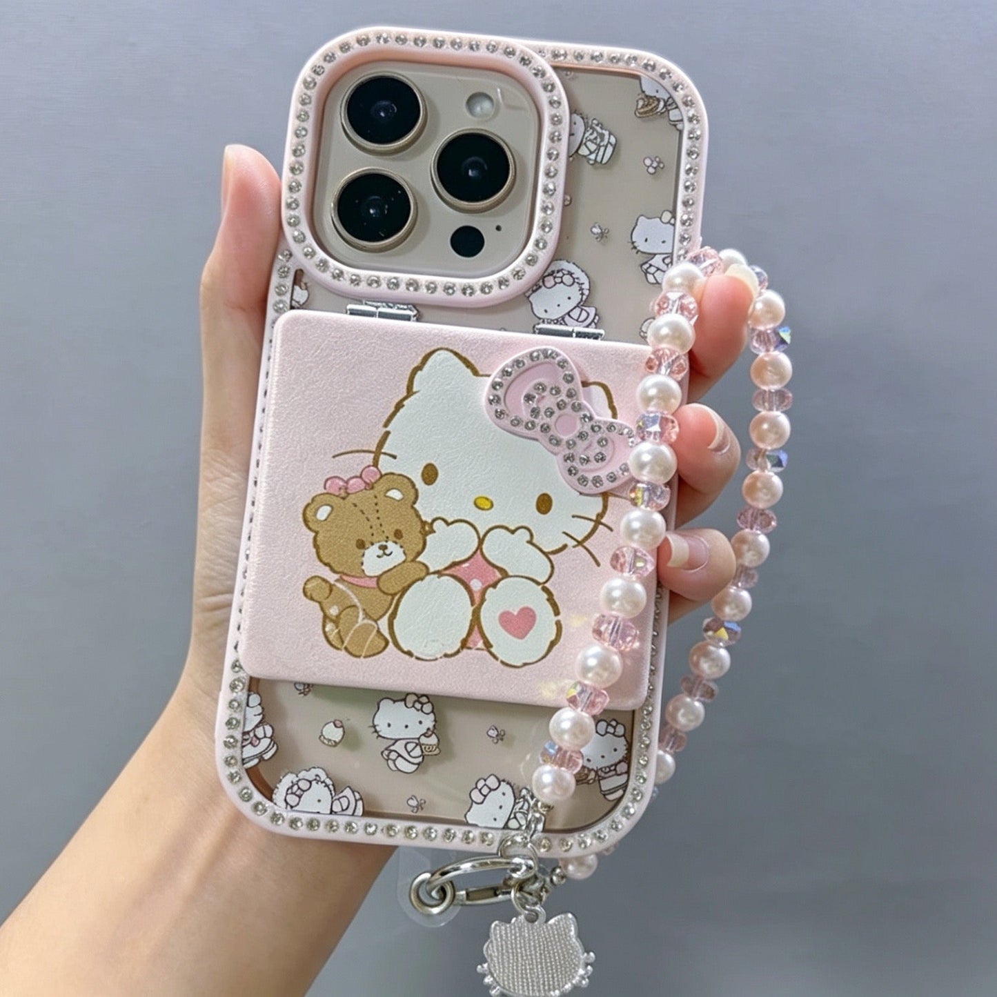Double-sided rhinestone-encrusted Hello Kitty mirror chain phone case