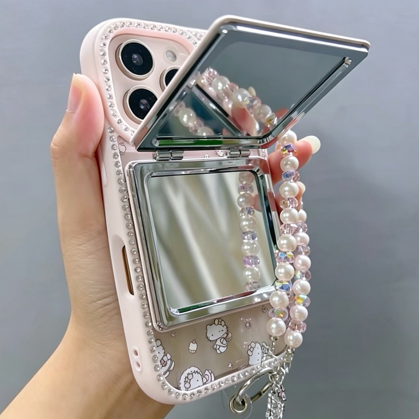 Double-sided rhinestone-encrusted Hello Kitty mirror chain phone case