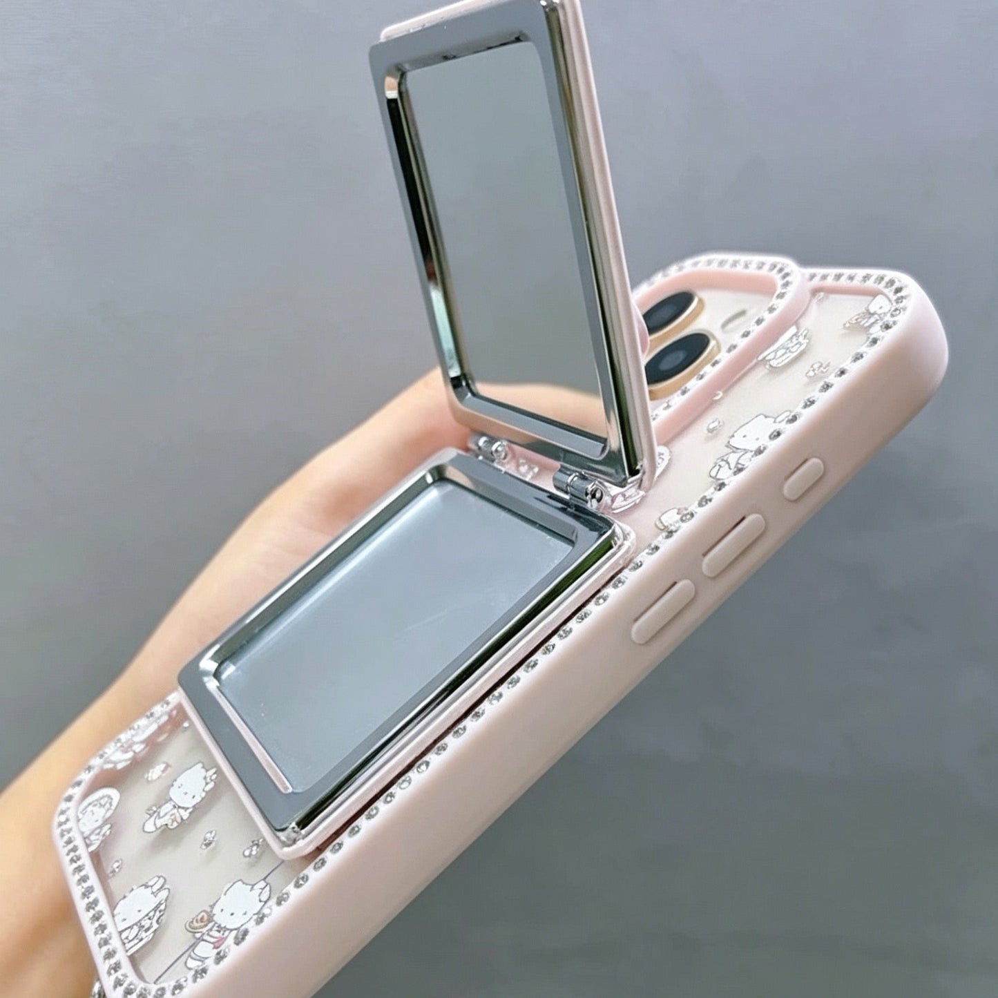 Double-sided rhinestone-encrusted Hello Kitty mirror chain phone case