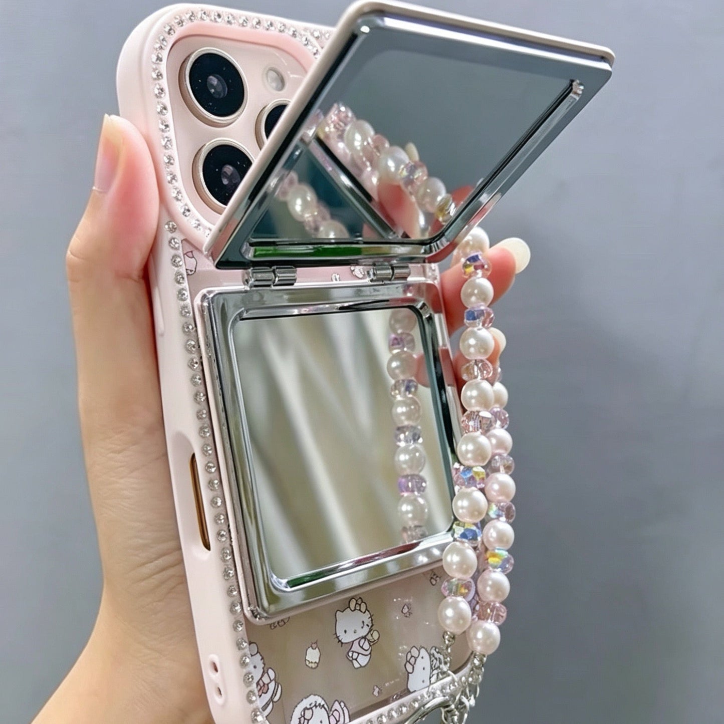 Double-sided rhinestone-encrusted Hello Kitty mirror chain phone case