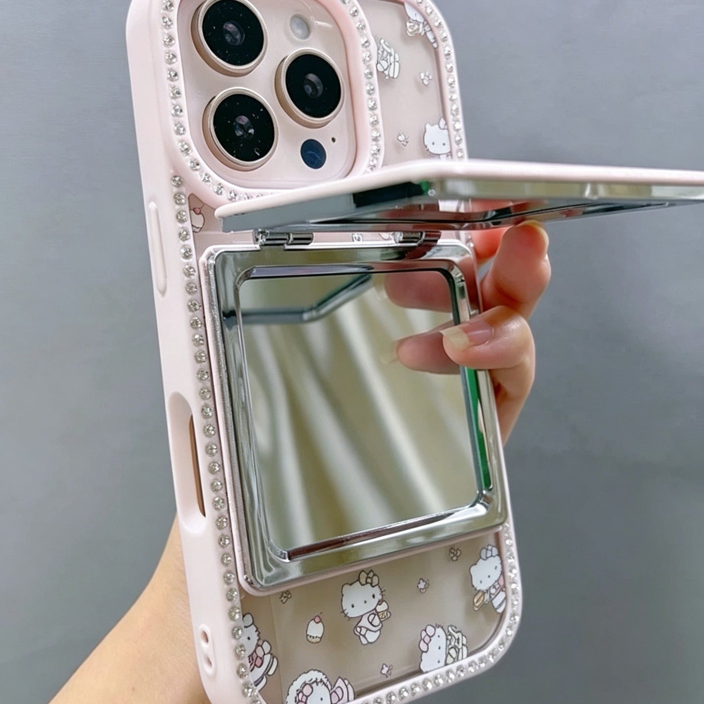 Double-sided rhinestone-encrusted Hello Kitty mirror chain phone case
