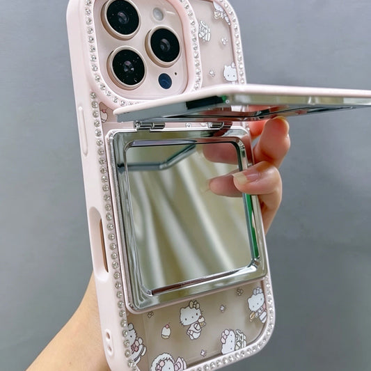 Double-sided rhinestone-encrusted Hello Kitty mirror chain phone case