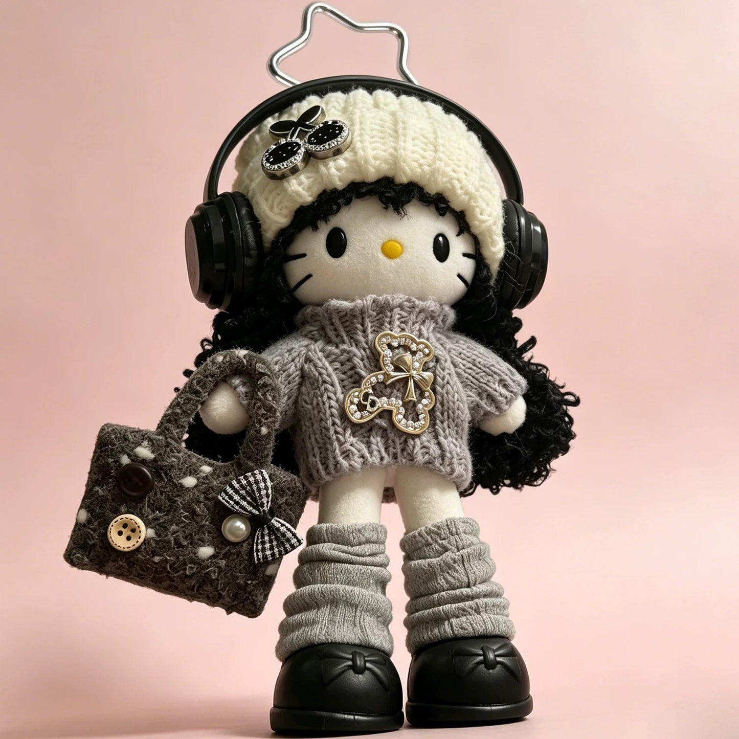 Black leather long-legged Kitty cat plush toy bag keychain gift