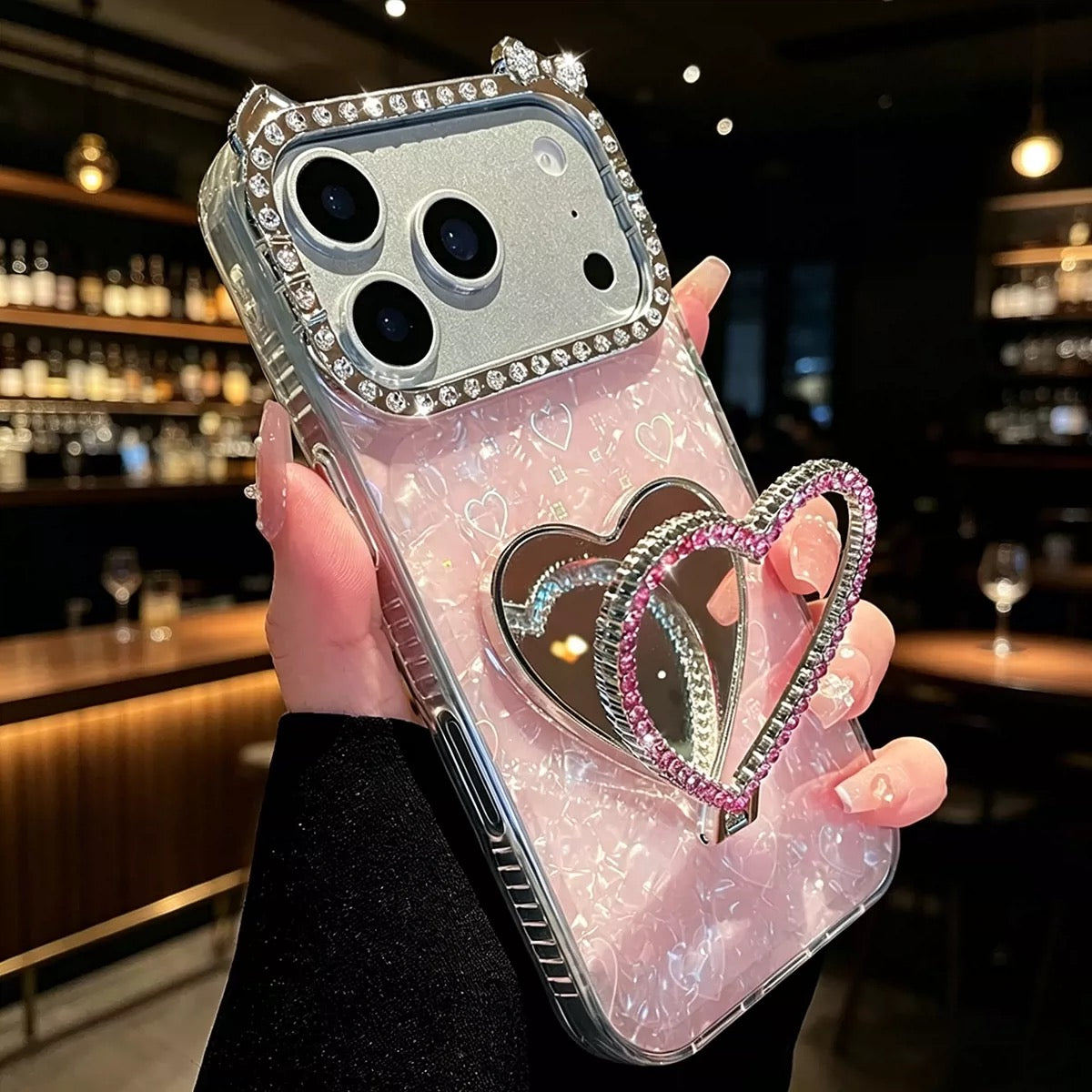 Rhinestone Heart Mirror Stand Phone Case