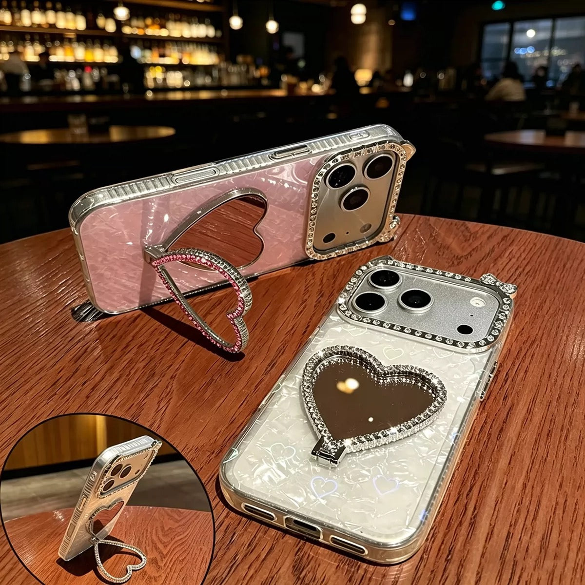 Rhinestone Heart Mirror Stand Phone Case