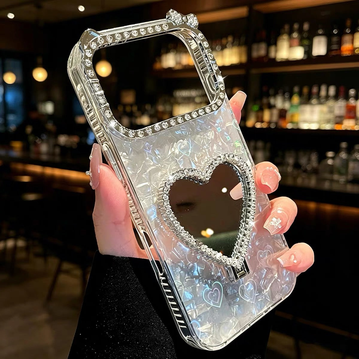 Rhinestone Heart Mirror Stand Phone Case
