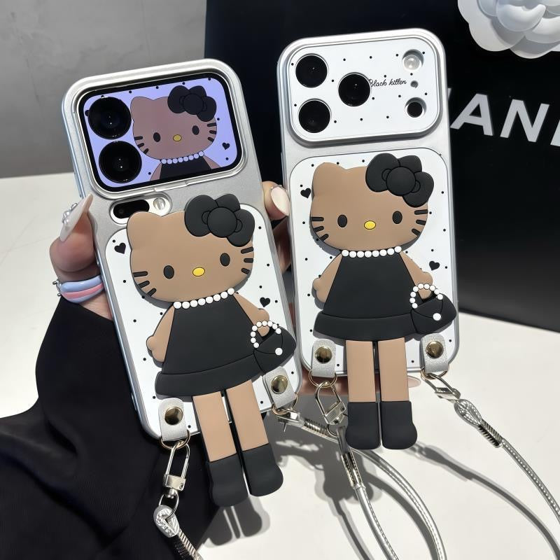 Black Leather Hello Kitty Lanyard Stand Phone Case