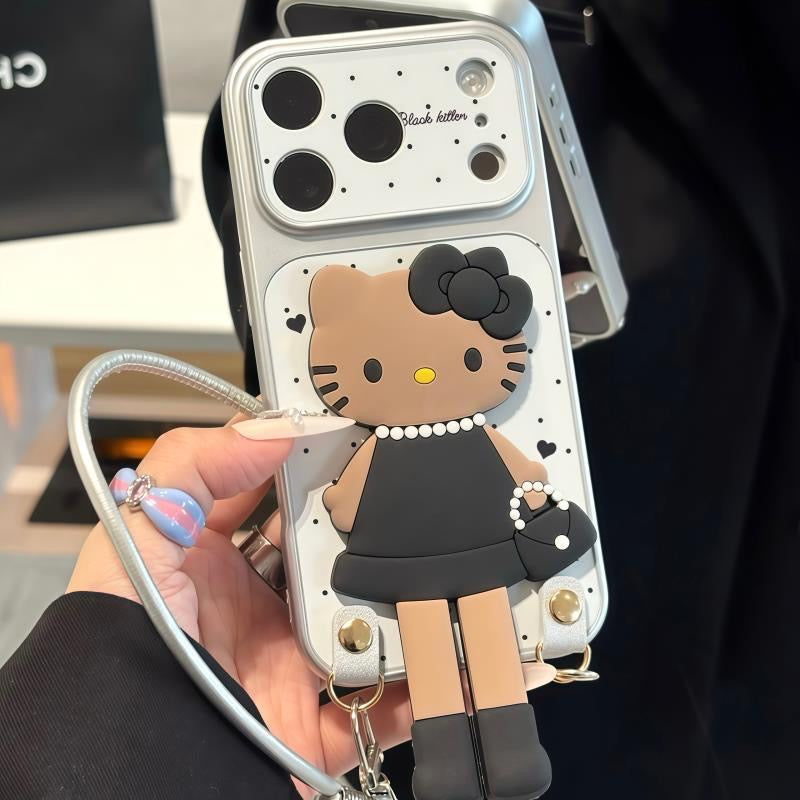 Black Leather Hello Kitty Lanyard Stand Phone Case