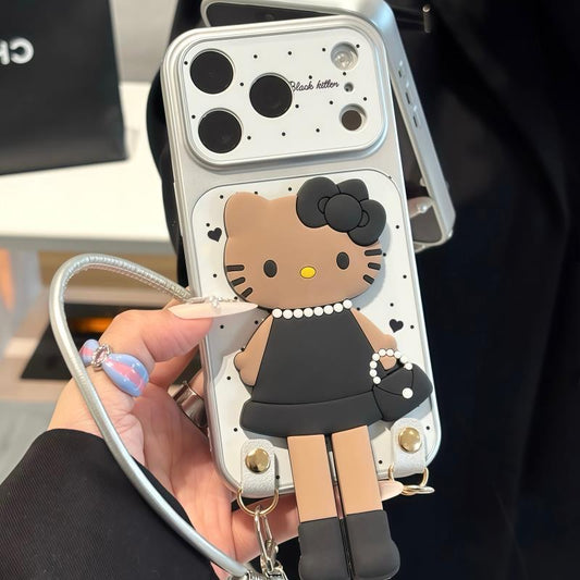 Black Leather Hello Kitty Lanyard Stand Phone Case