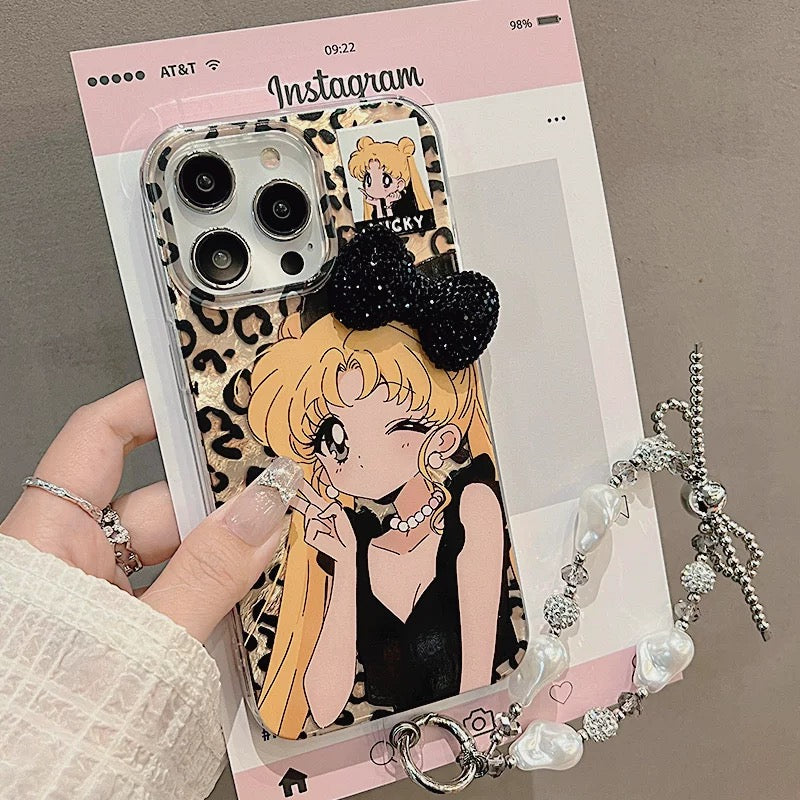 Leopard Print Girl Ice Moon Bow Bracelet Phone Case