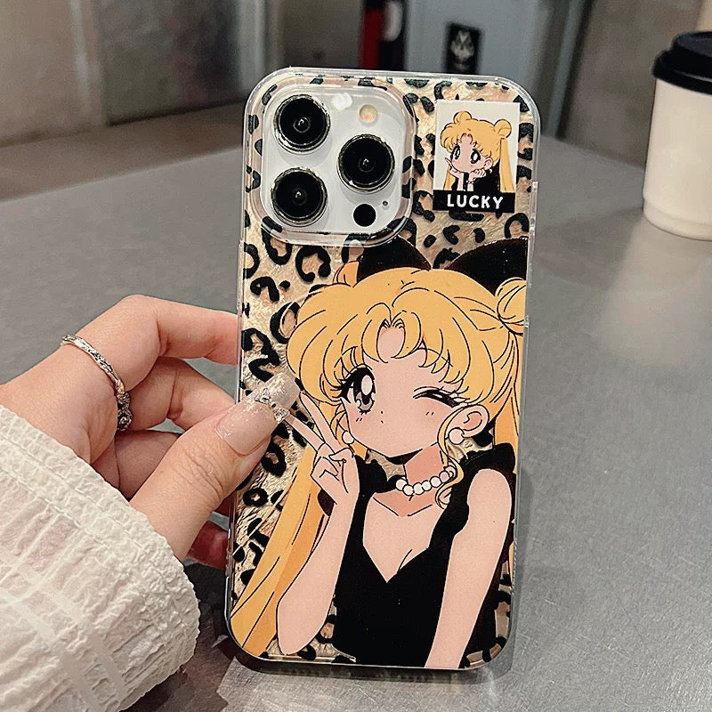 Leopard Print Girl Ice Moon Bow Bracelet Phone Case