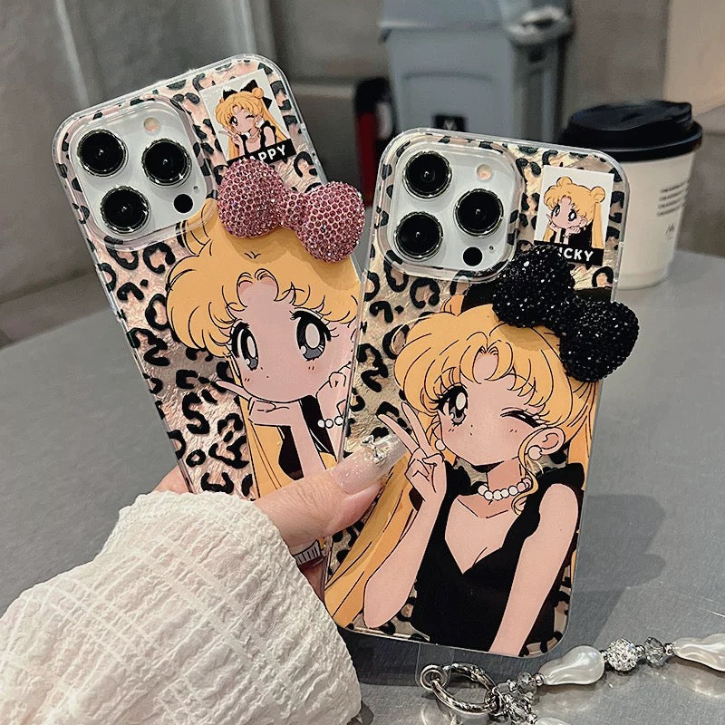 Leopard Print Girl Ice Moon Bow Bracelet Phone Case
