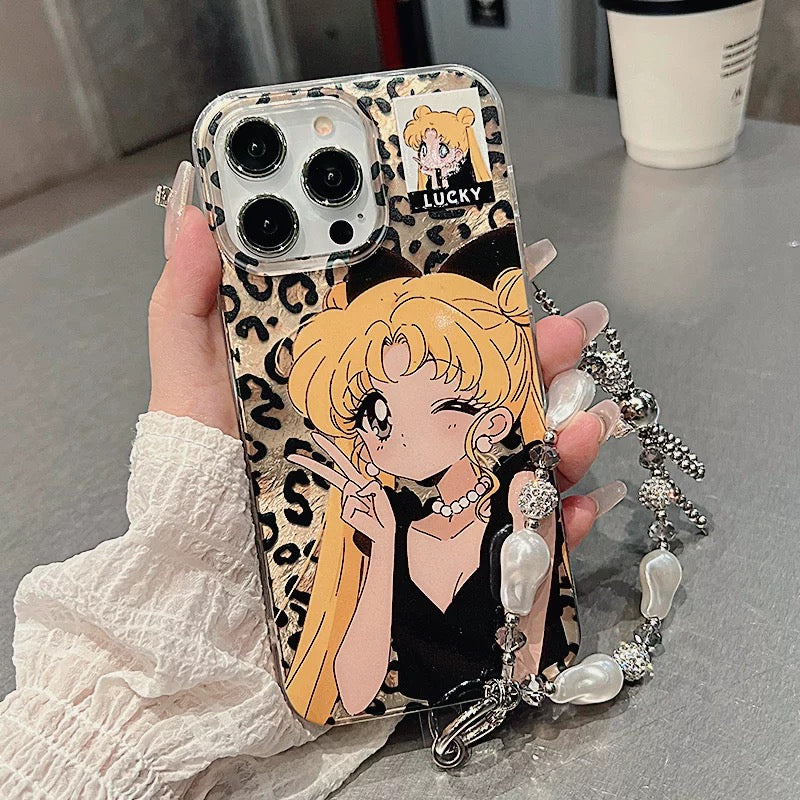 Leopard Print Girl Ice Moon Bow Bracelet Phone Case