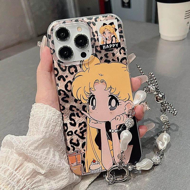 Leopard Print Girl Ice Moon Bow Bracelet Phone Case